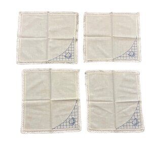 Vintage Handmade Tea Cup Napkins Set of 4 Crochet Edge Blue Embroidery Used